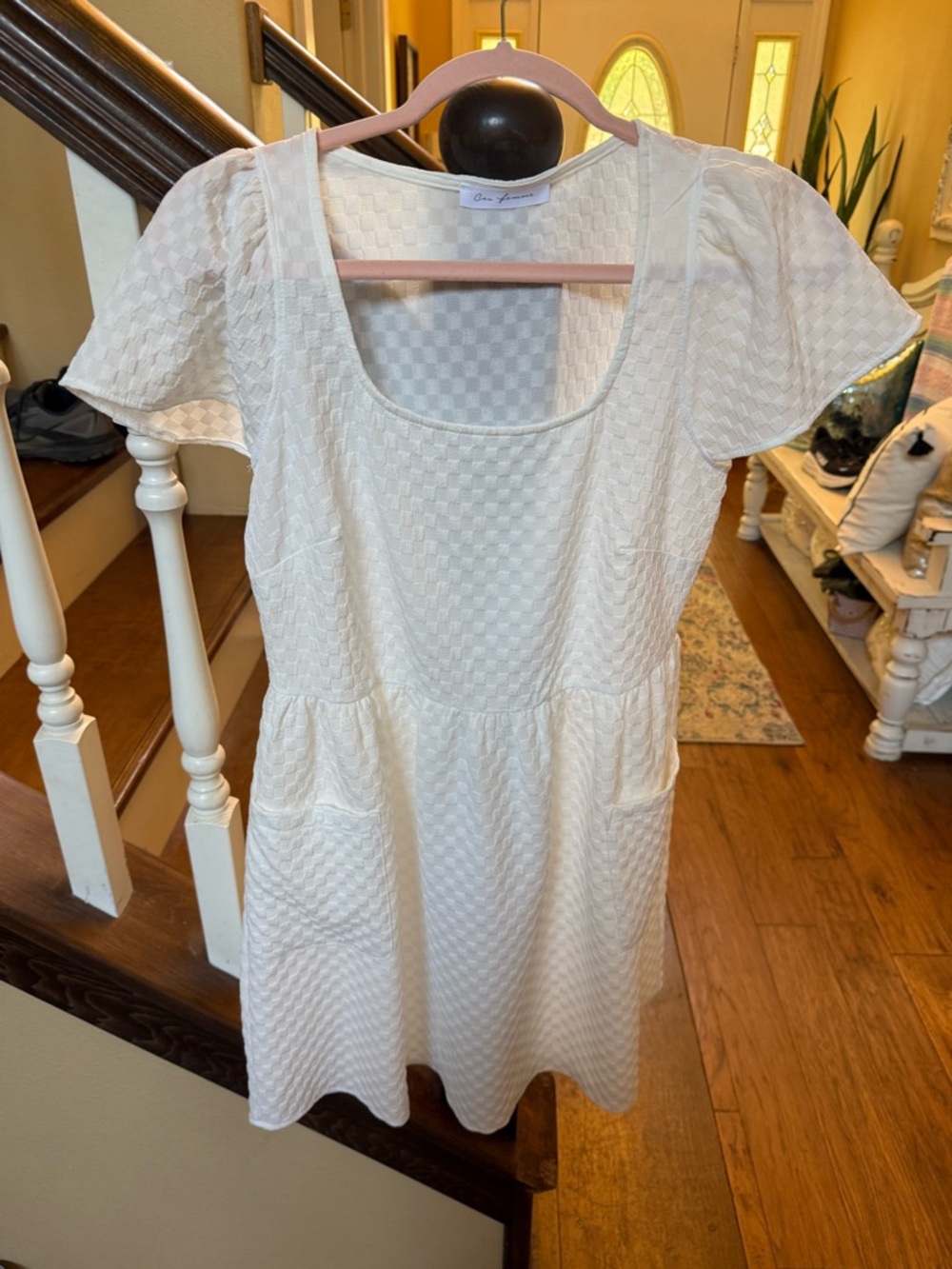 Cream Textured Square-Neck Short Sleeve Dress